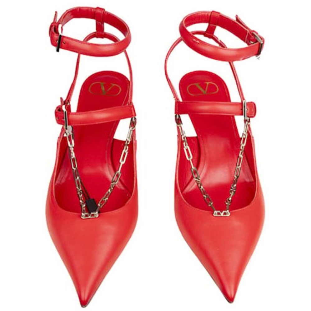 Valentino Red Pointed Ankle-Strap Chain Heels